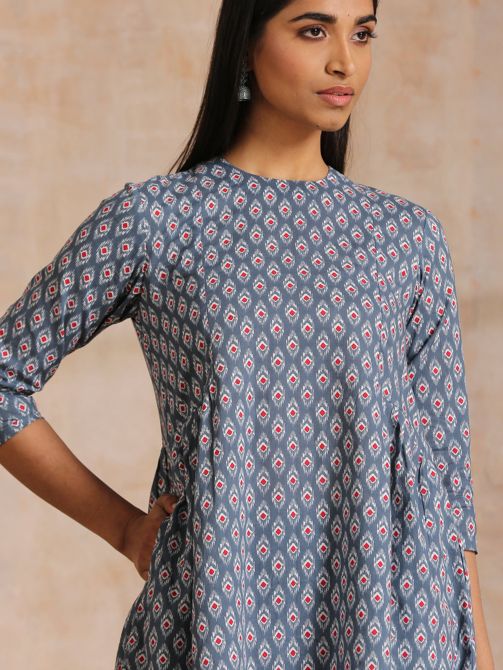 trueBrowns Steel Grey Ikat Print Cotton Gathers Co-Ord Set | Grocsy