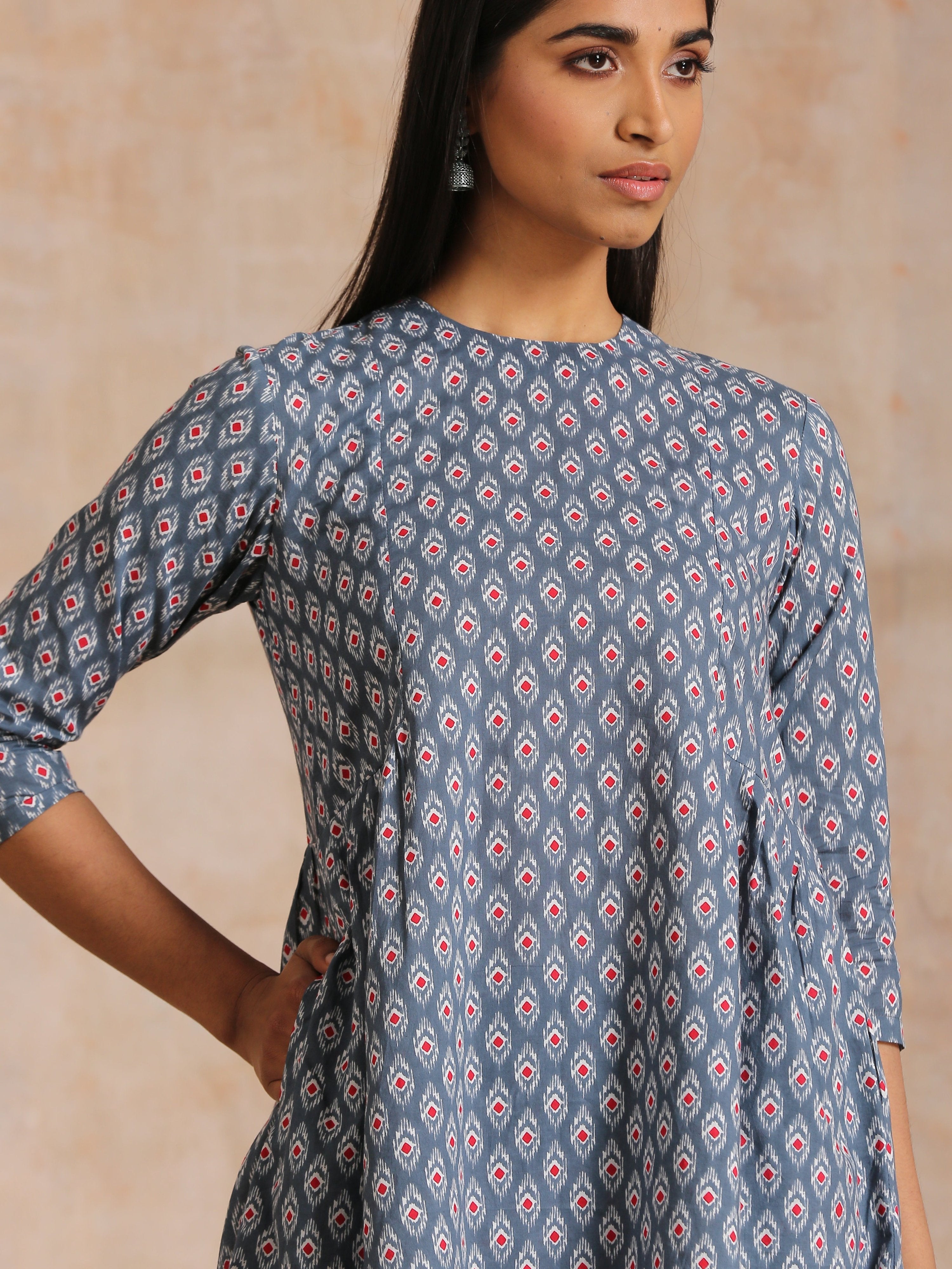 trueBrowns Steel Grey Ikat Print Cotton Gathers Co-Ord Set | Grocsy