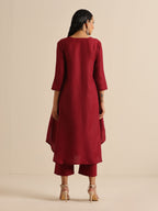 trueBrowns Maroon Slub Gathered Kurta Pant Set | Grocsy