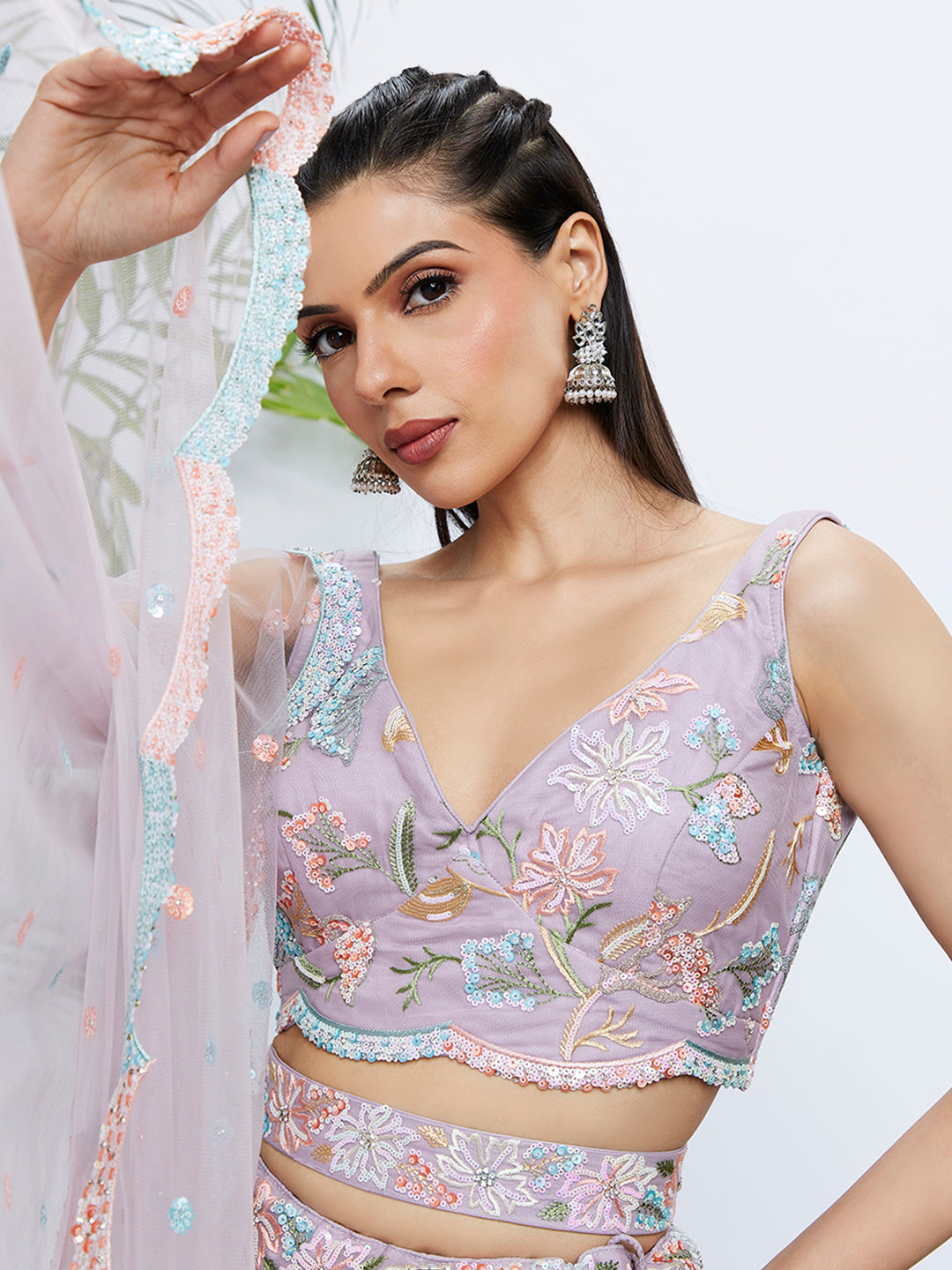 House of Panchhi Pink Chiffon Sequins And Thread Embroidery Lehenga Choli & Printed Dupatta | Grocsy