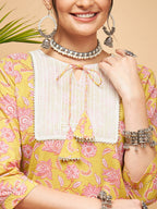 InWeave Women's Lime Pink Print Patch Cotton Straight Kurta | Grocsy