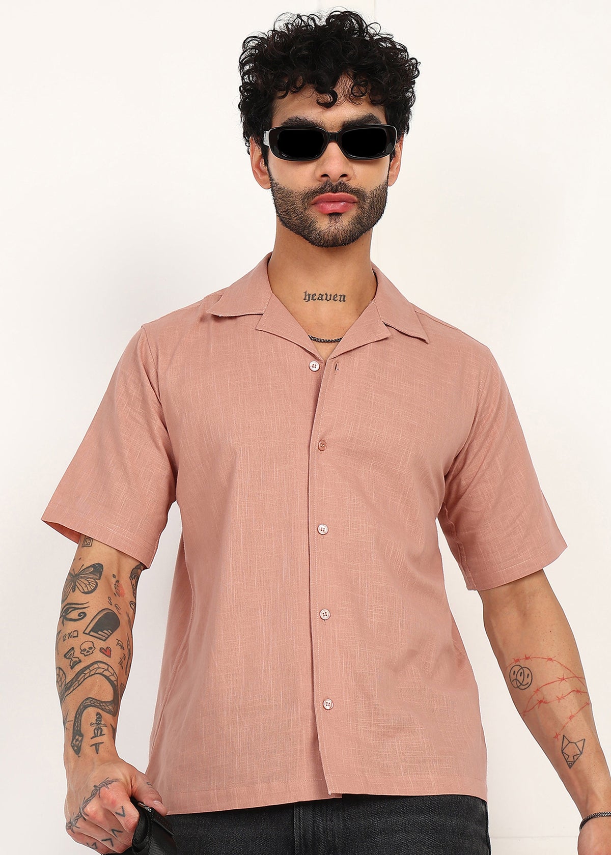 Fabmade Men’S Peach Linen Short-Sleeve Shirt | Grocsy