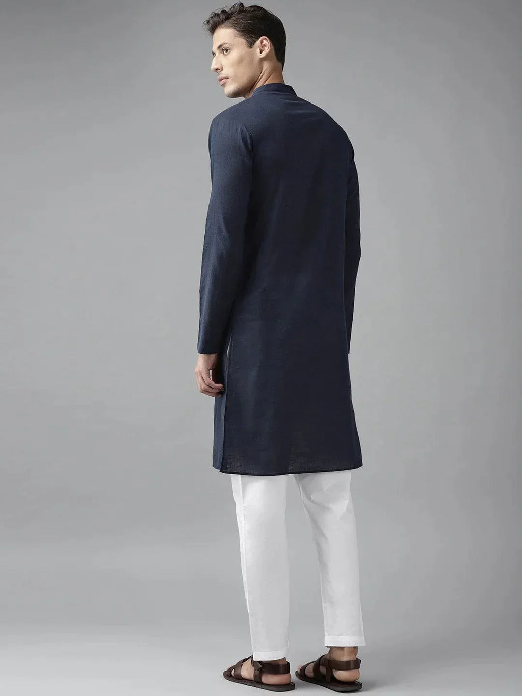 Fabmade Men Navy Blue Cotton Linen Kurta | Grocsy