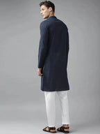 Fabmade Men Navy Blue Cotton Linen Kurta | Grocsy