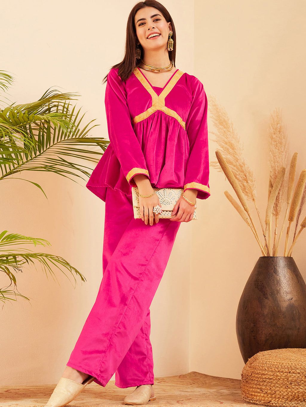 InWeave Women's Magenta Mughal Shaan Style Velvet Short Kurta Set | Grocsy