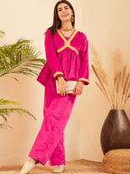 InWeave Women's Magenta Mughal Shaan Style Velvet Short Kurta Set | Grocsy