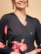 InWeave Women's Black Red Big Flower Belted Dress | Grocsy