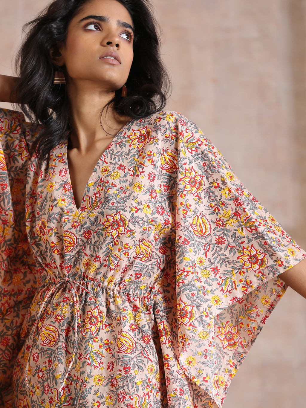 trueBrowns Multicolor Beige Overall Floral Block Print Cotton Kaftan Co-Ord Set | Grocsy