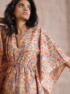 trueBrowns Multicolor Beige Overall Floral Block Print Cotton Kaftan Co-Ord Set | Grocsy