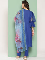 InWeave Women's Ink Blue Organza Sleeve Kurta Set W Blue Fuchsia Or Dupatta | Grocsy