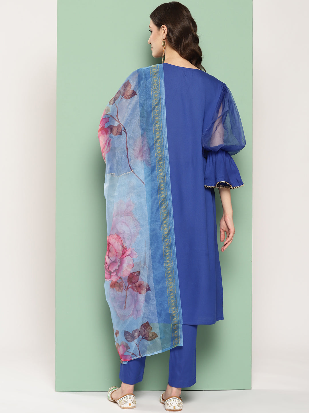 InWeave Women's Ink Blue Organza Sleeve Kurta Set W Blue Fuchsia Or Dupatta | Grocsy
