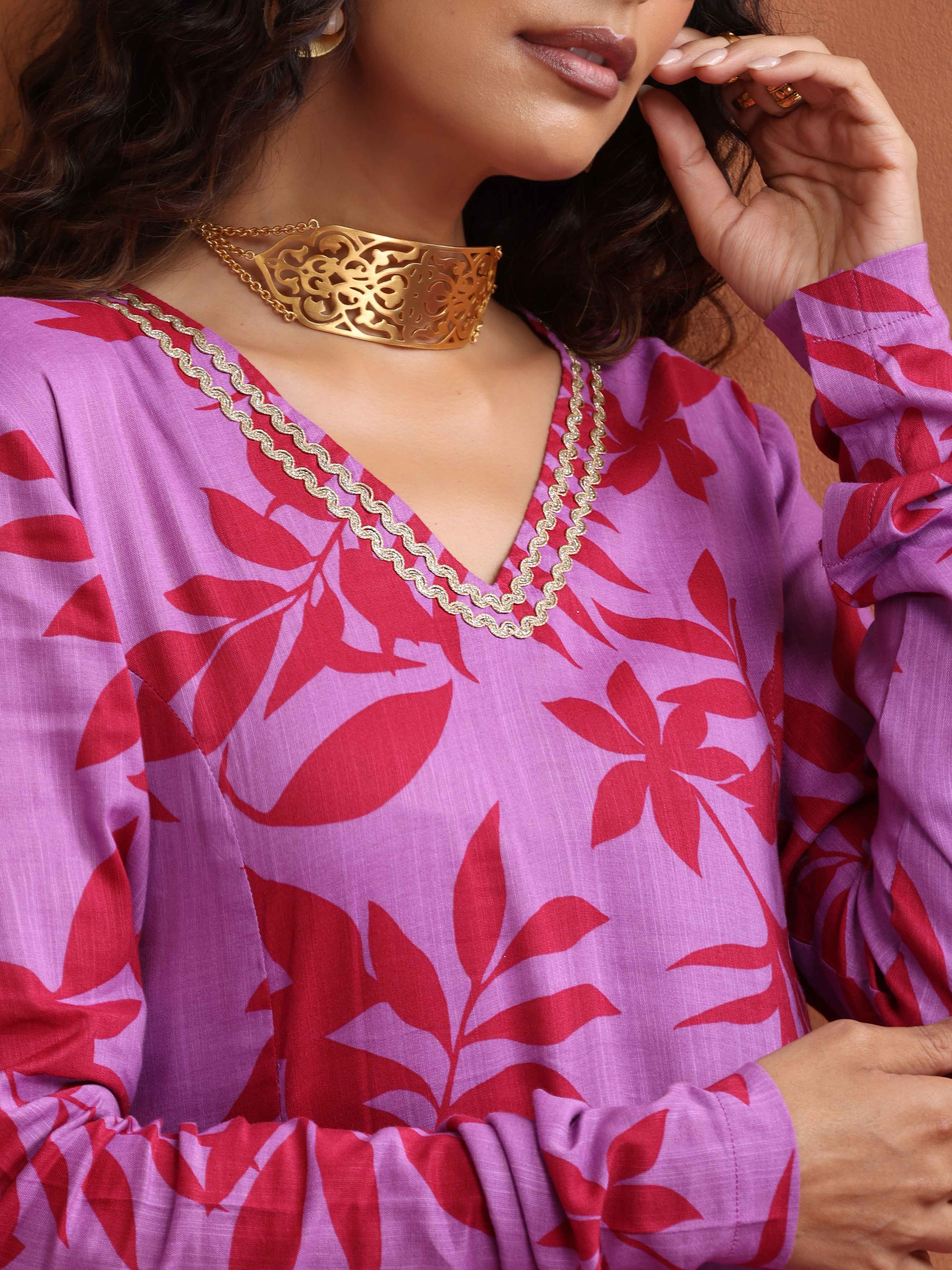 trueBrowns Purple Print A-line Kurta Set | Grocsy