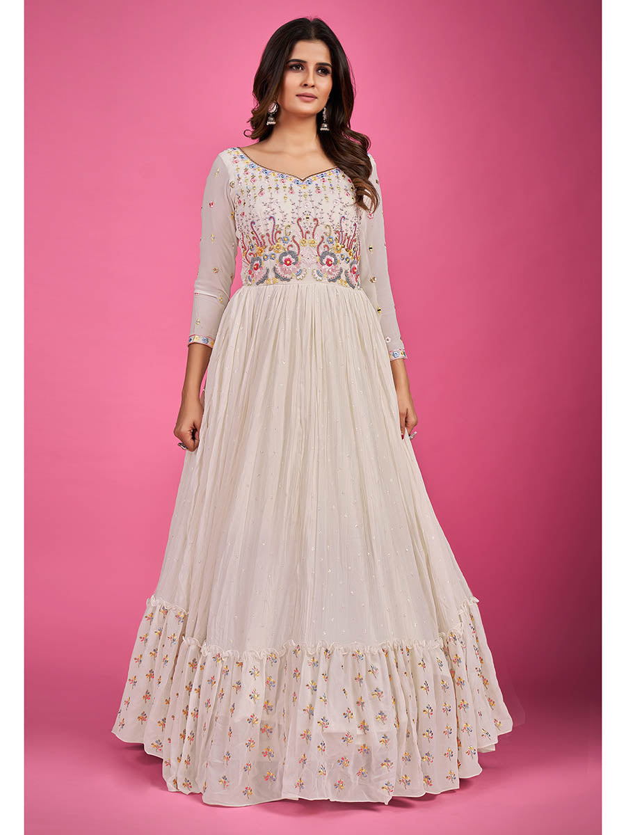 Myra White Pure Georgette Embroidered Gown | Grocsy