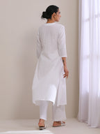 trueBrowns White Dobby Neck Pleat Kurta Pant Set | Grocsy