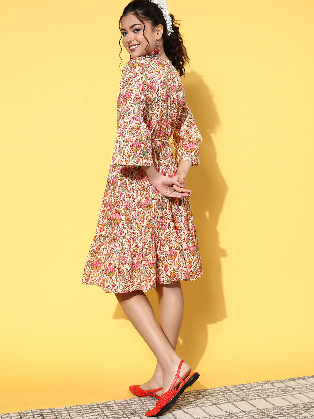 InWeave Women's Pink Boota Print Belted Dress | Grocsy