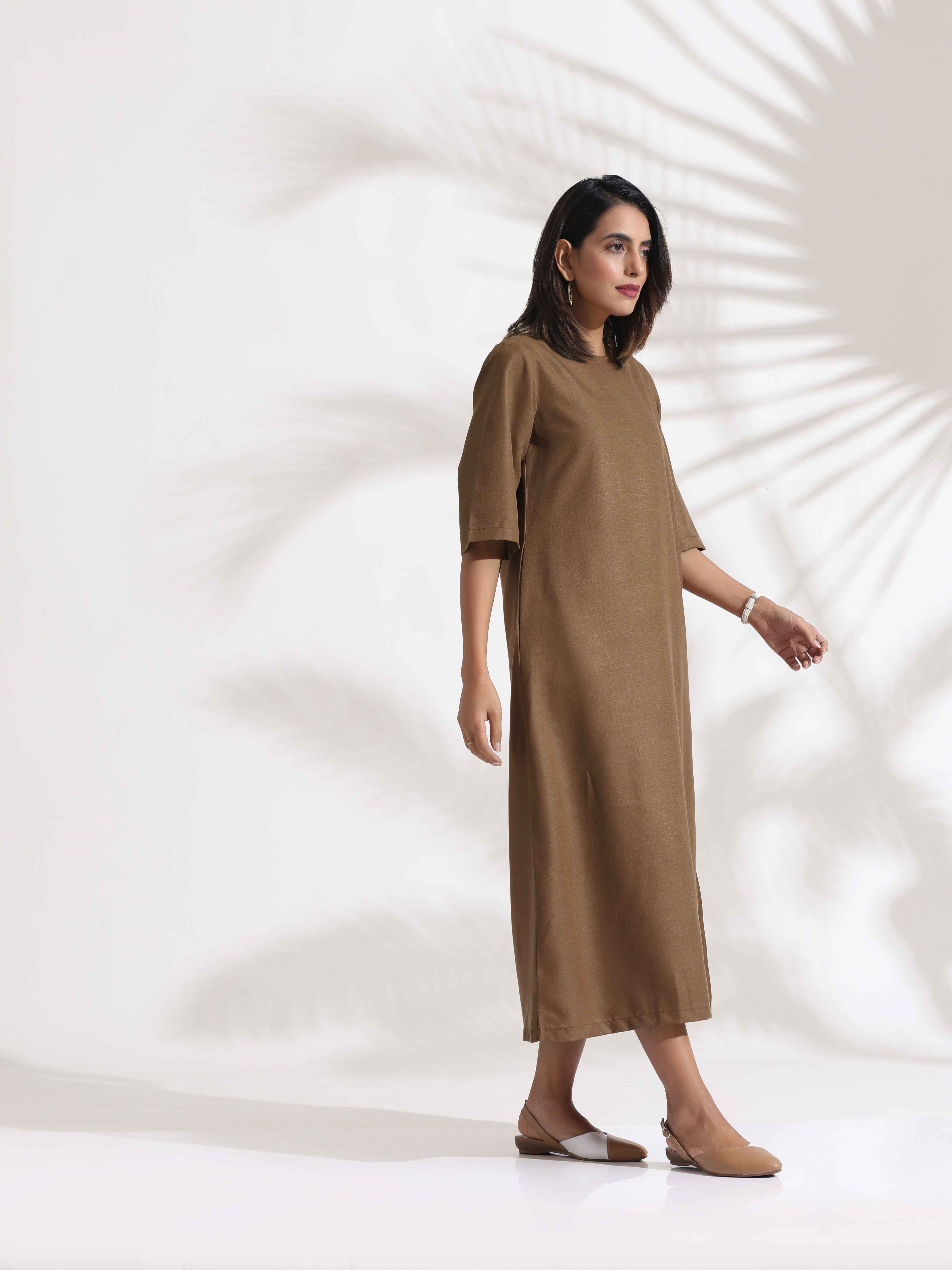 trueBrowns Brown Slub Dress | Grocsy