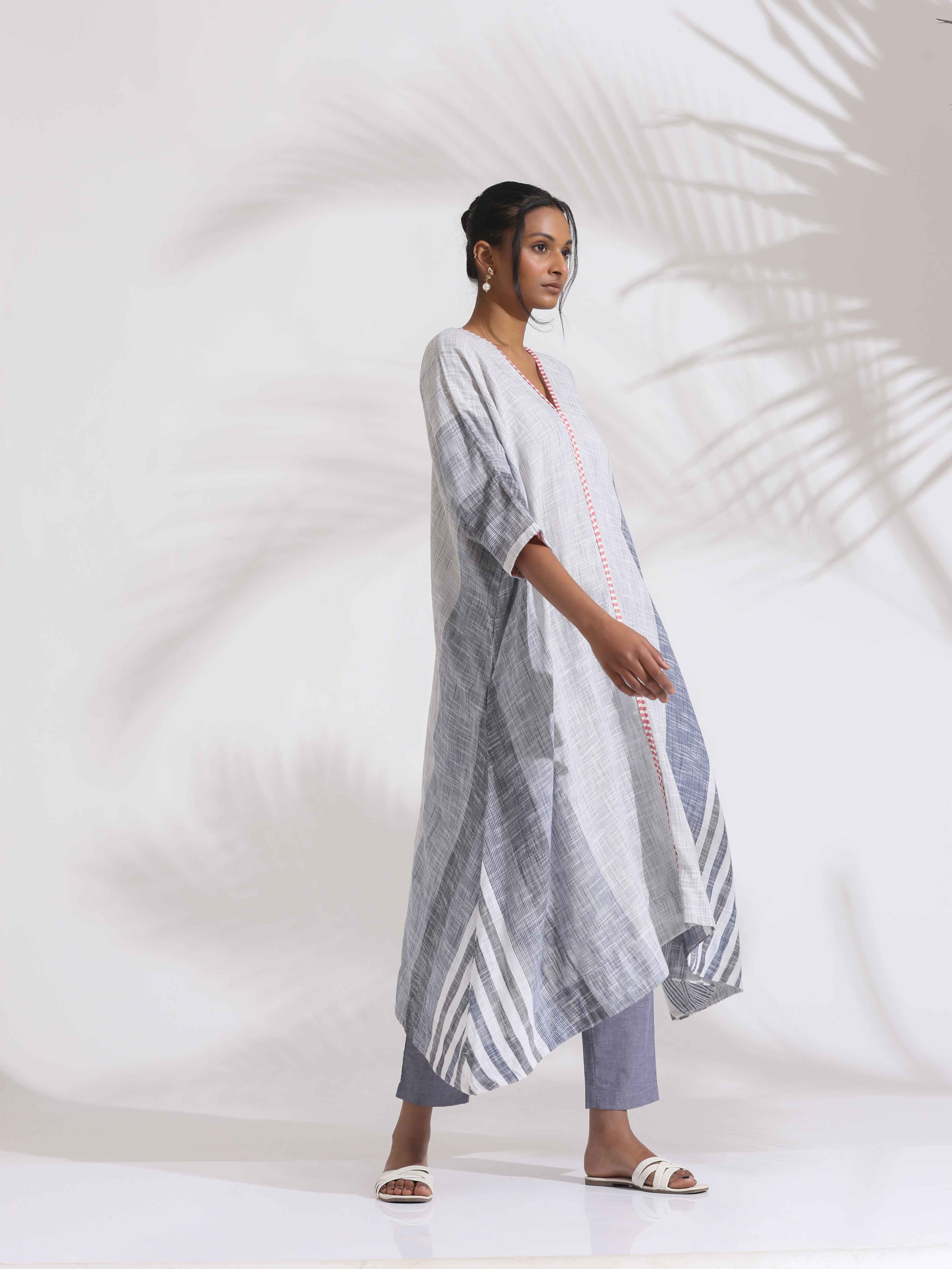 trueBrowns Off-White Cotton Multi Stripe Flared Kurta Set | Grocsy