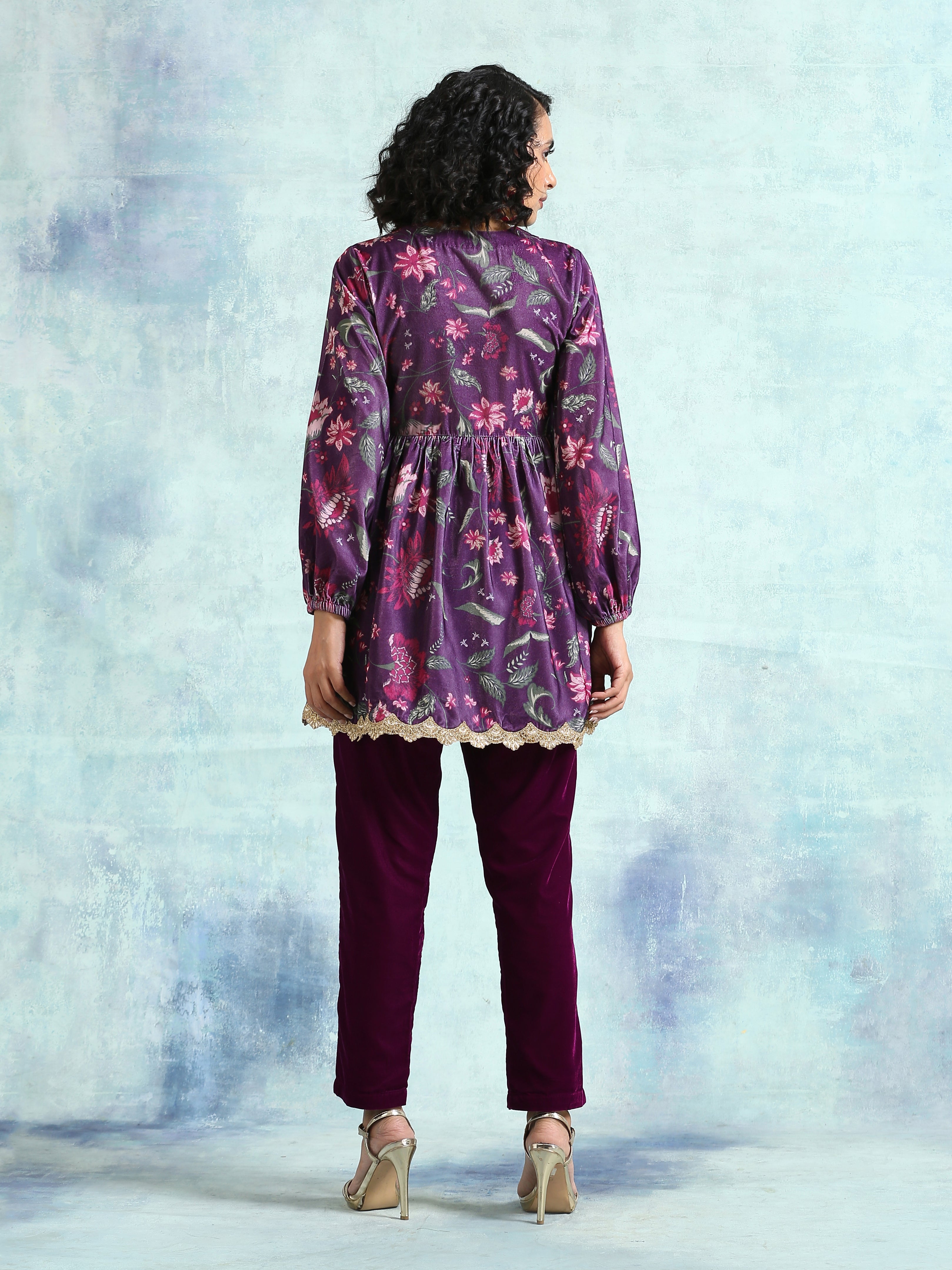 trueBrowns Wine Printed Velvet Lace Co-Ord Set | Grocsy
