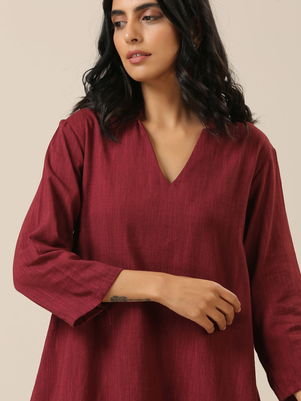 trueBrowns Ruby Wine Slub Textured Collar Co-Ord Set | Grocsy