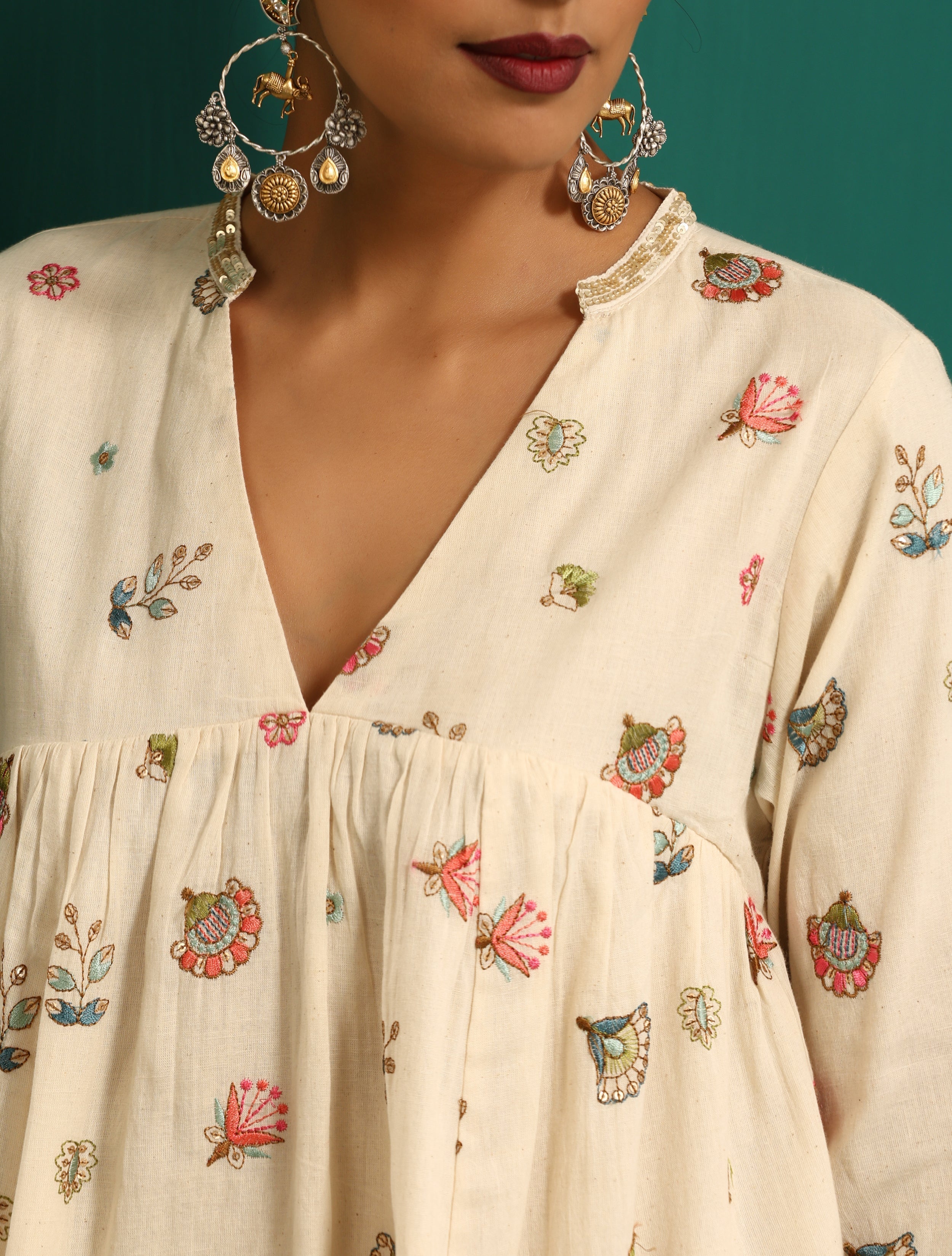 trueBrowns Ivory Multi Color Cotton Yoke Gathered Co-ord Set | Grocsy