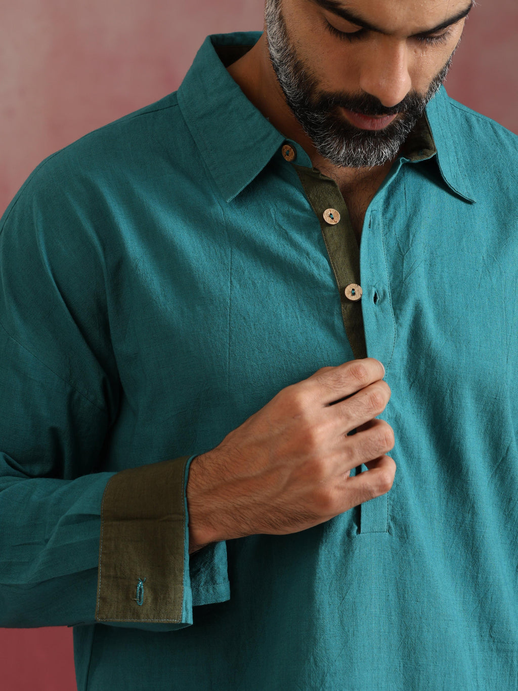 trueBrowns Men's Teal Cotton Shirt Collar Stylized Kurta Co-ord set | Grocsy