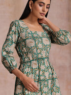 trueBrowns Fern Green Overall Floral Block Print Cotton Square Neck Dress | Grocsy