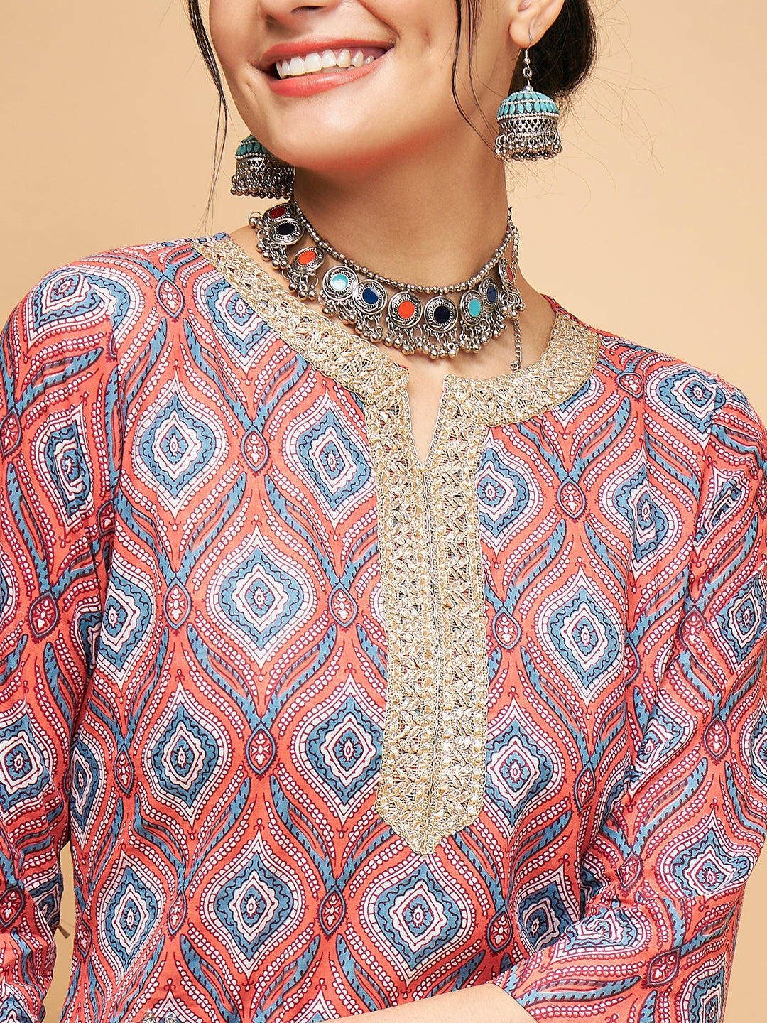 InWeave Women's Red Blue Ogee Print Gota Straight Kurta Pant Set | Grocsy