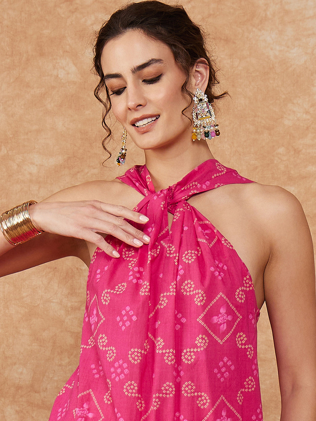 InWeave Women's Fuchsia S Print Twisted Neckline Kurta Pant Set | Grocsy