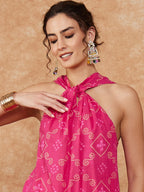 InWeave Women's Fuchsia S Print Twisted Neckline Kurta Pant Set | Grocsy