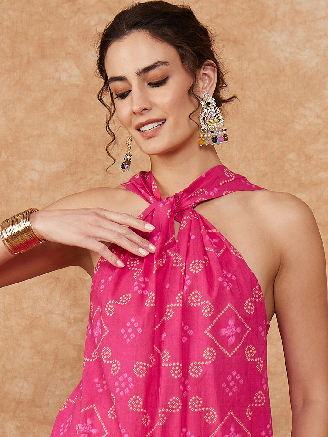 InWeave Women's Fuchsia S Print Twisted Neckline Kurta Pant Set | Grocsy