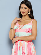 Ahalyaa Striped Floral Print Crepe Maxi Ethnic Dress | Grocsy