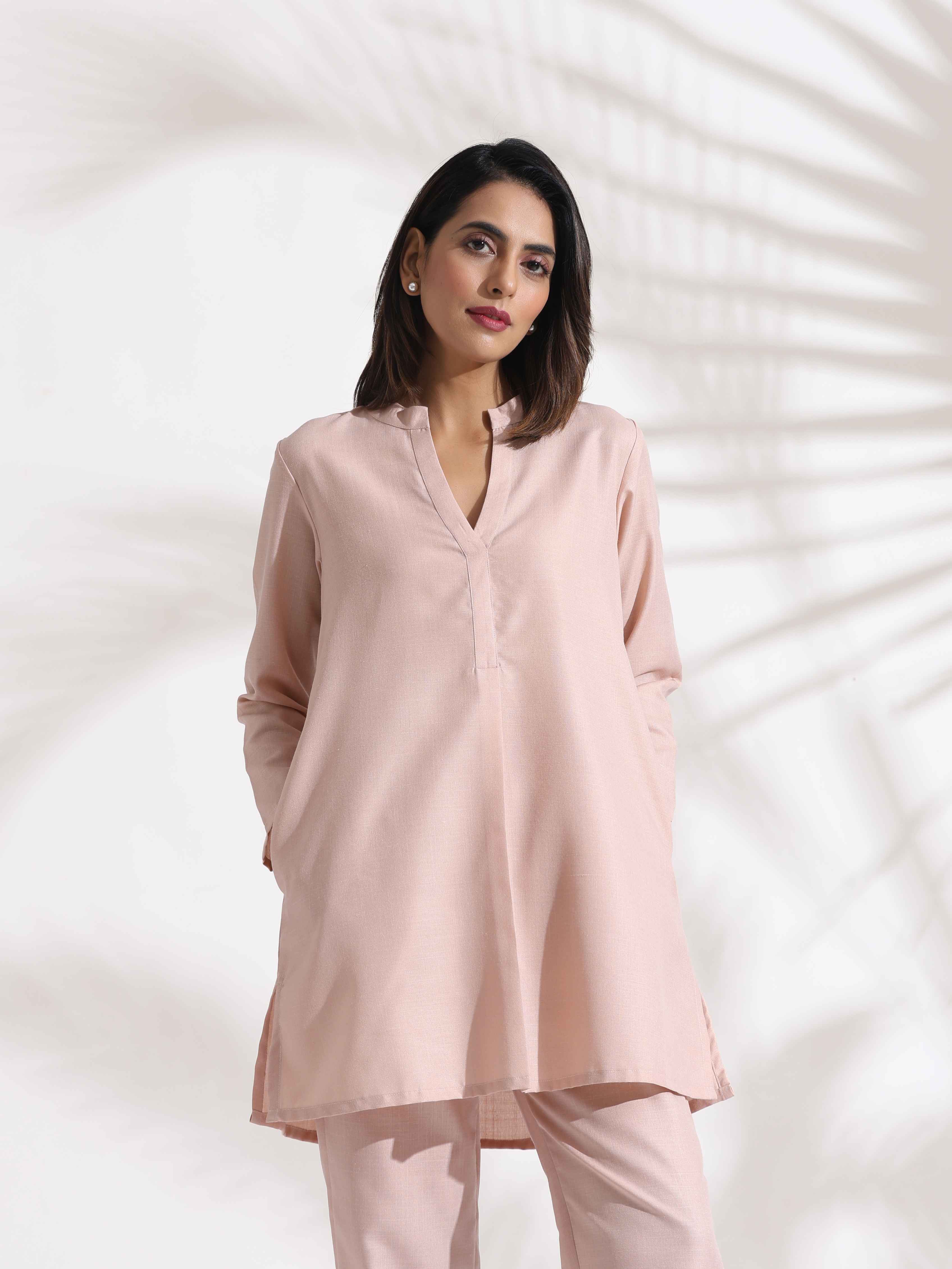 trueBrowns Light Pink Slub Co-ord Set | Grocsy
