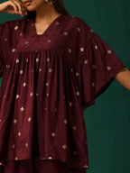 trueBrowns Wine Diamond Viscose Silk Waist Sleeve Gathered Co-ord Set | Grocsy