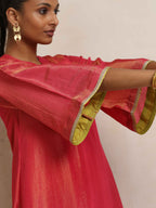 trueBrowns Hot Pink Tissue Flared Kurta Set | Grocsy