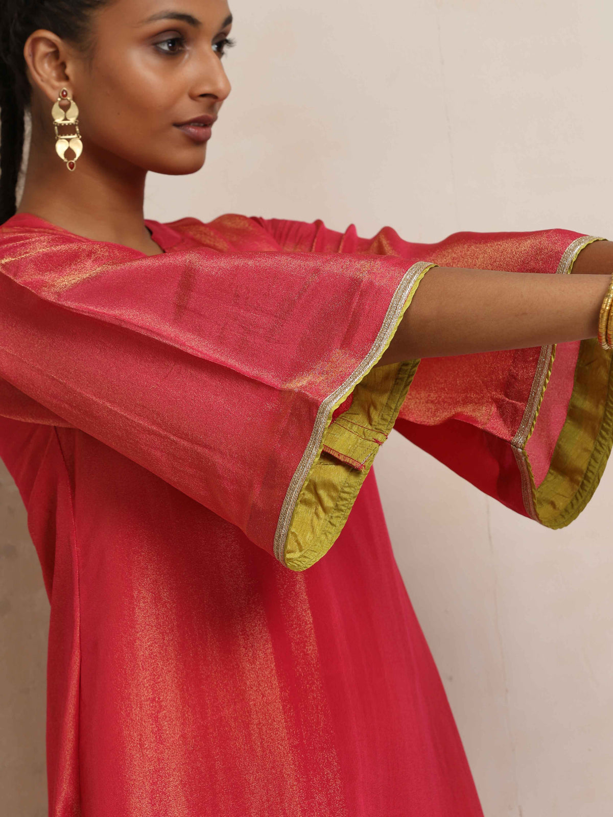 trueBrowns Hot Pink Tissue Flared Kurta Set | Grocsy