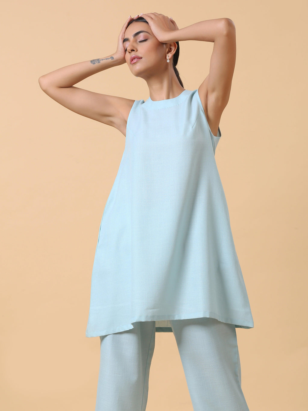 trueBrowns Cotton Linen Light Blue Sleeveless Co-Ord Set | Grocsy