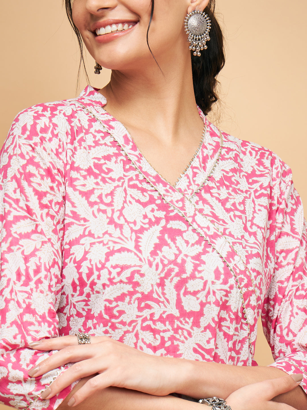 InWeave Women's Pink Foil White Print Angrakha Stright Kurta | Grocsy
