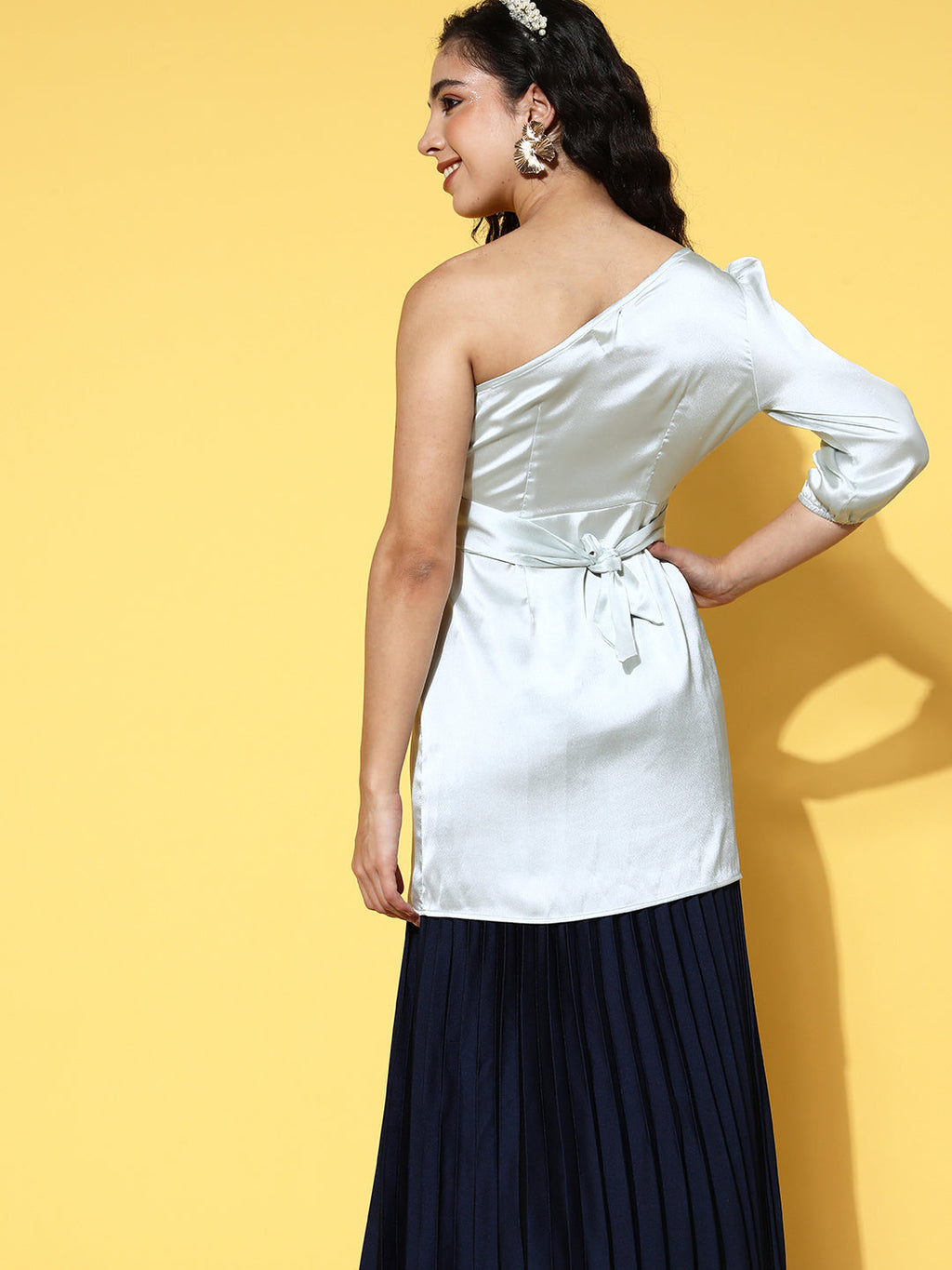 InWeave One Shoulder Satin Top In Silver Colour | Grocsy