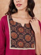 InWeave Women's Wine Printed Neck Patch Work Straight Kurta | Grocsy