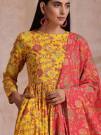trueBrowns Sunshine Yellow Overall Floral Block Print Cotton Kurta Pant Dupatta Set | Grocsy