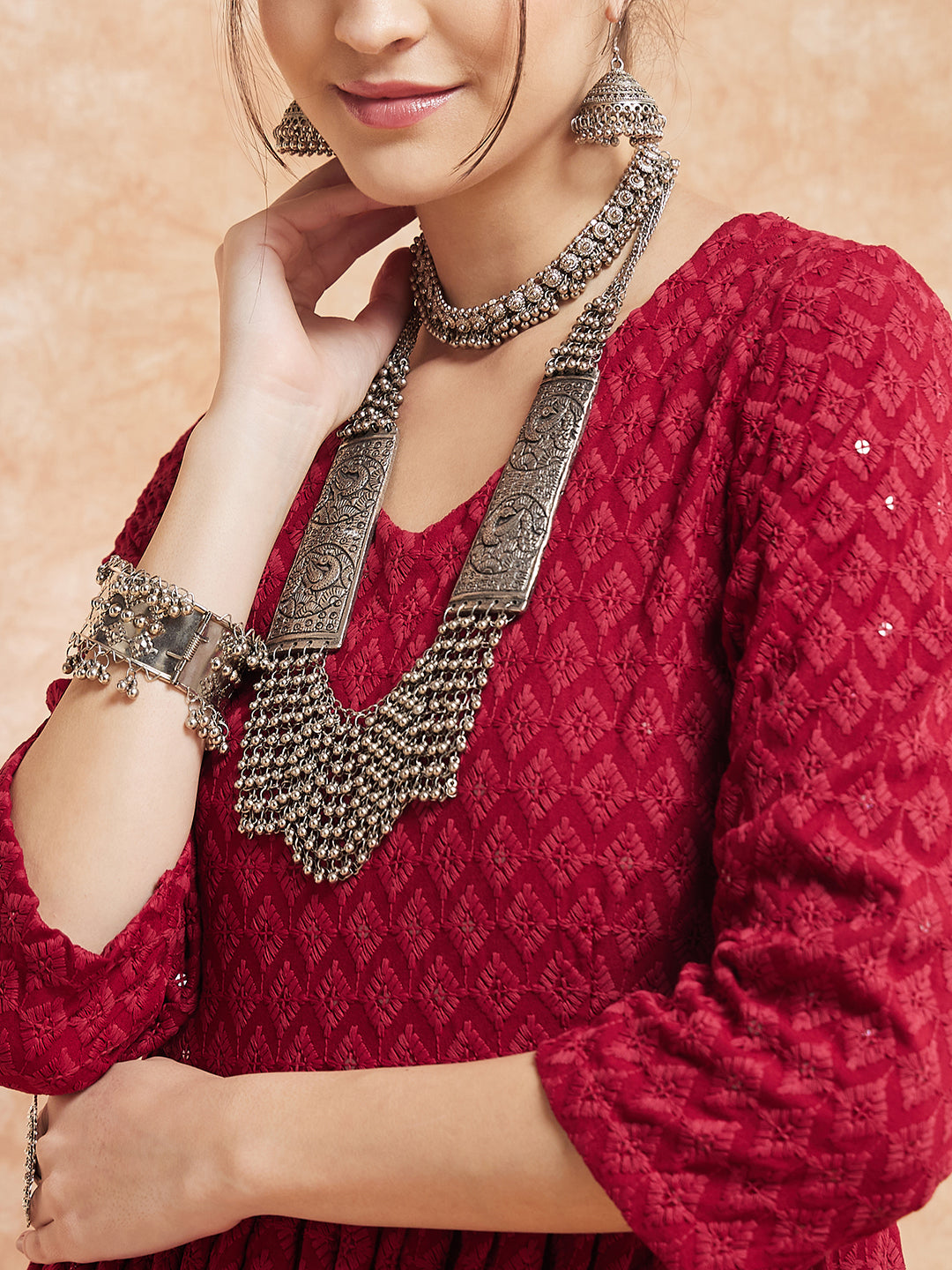 InWeave Women's Maroon Chikankari Long Anarkali Kurta Sharara Set | Grocsy