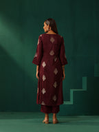 trueBrowns Wine Geometric Viscose Silk High Slit Kurta Pant Set | Grocsy