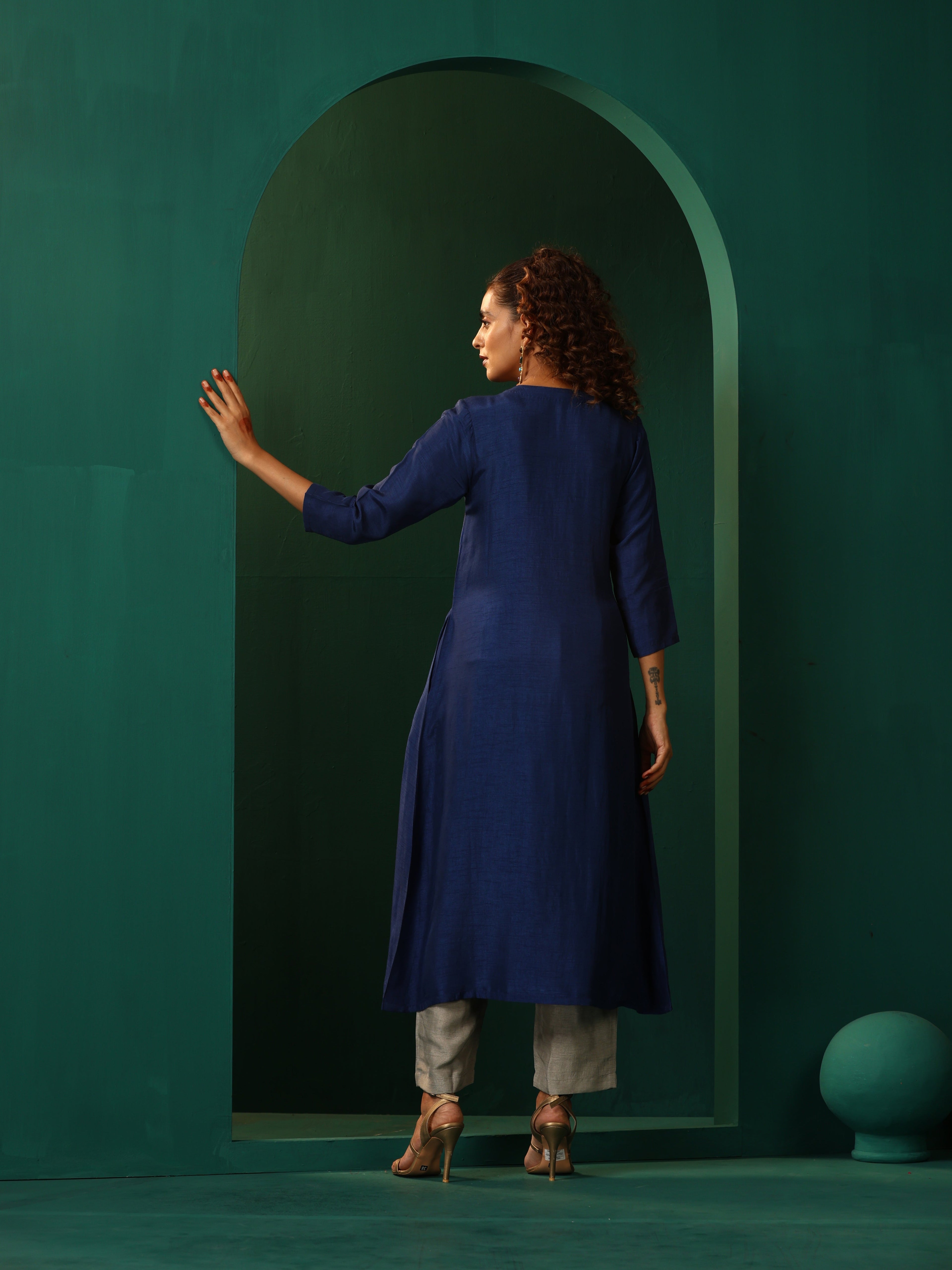 trueBrowns Blue Silk Angrakha Kurta Pant Set | Grocsy