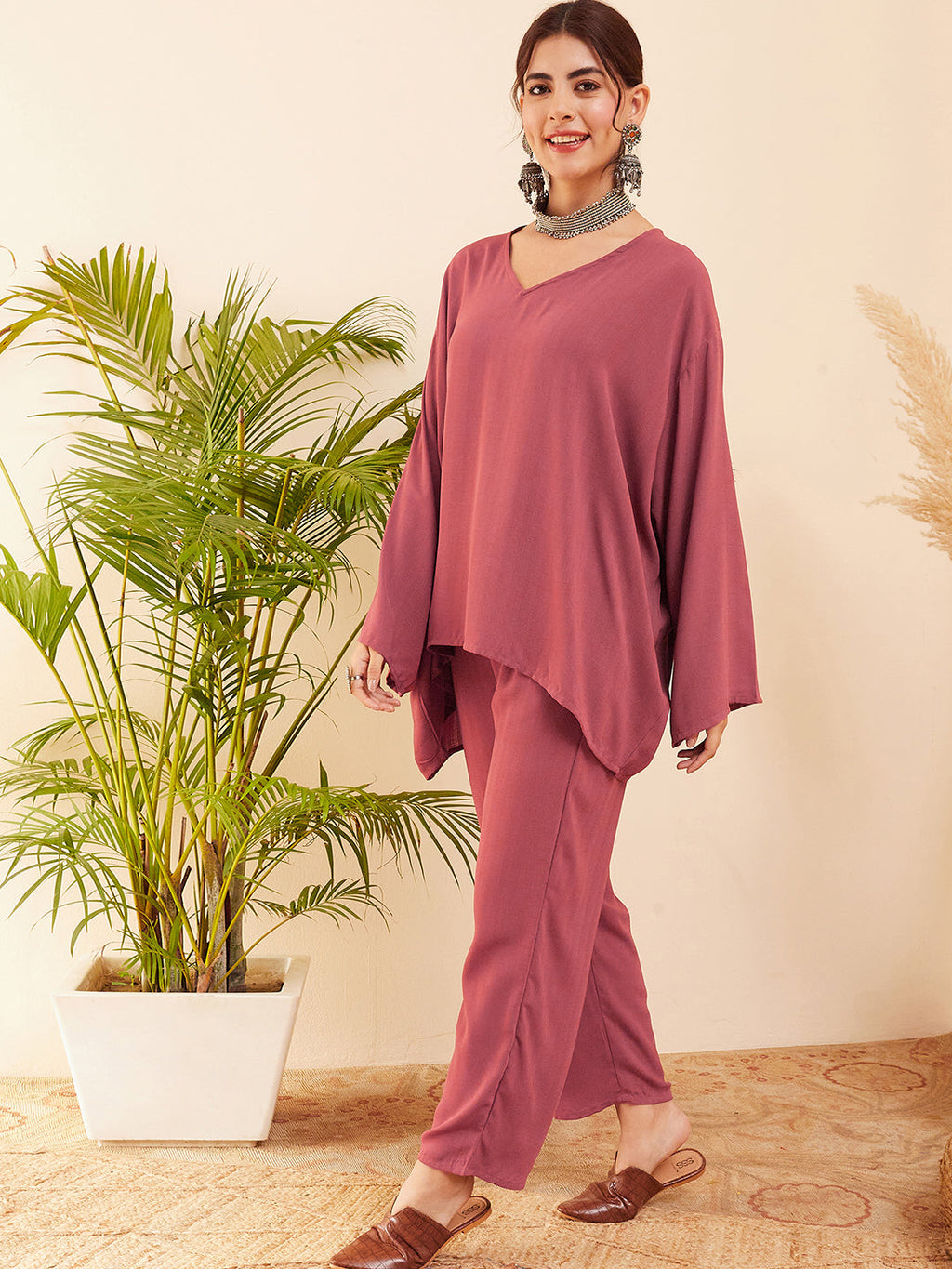 InWeave Women's Light Brown Full Sleeve Boho Top Bottom Set | Grocsy
