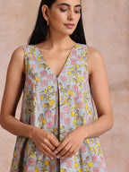 trueBrowns Grey Overall Floral Block Print Cotton Sleeveless Flared Kurta Pant Set | Grocsy
