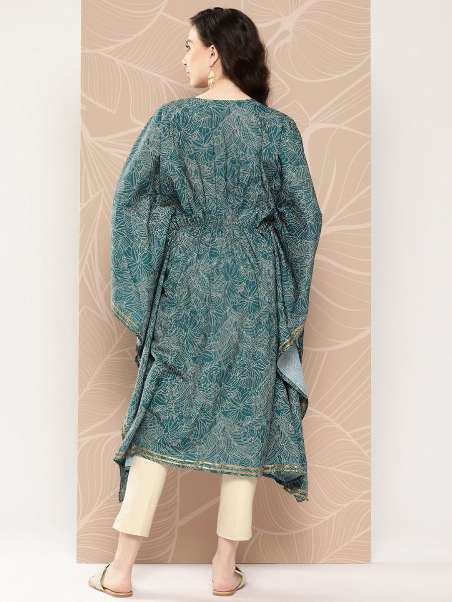 Ahalyaa Women Floral Printed Flared Sleeves Patchwork Belted Detail Crepe Kaftan Kurta | Grocsy