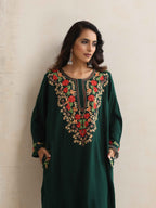 trueBrowns Green Kashmiri Floral Embroidered Woollen Phiran Kurta | Grocsy