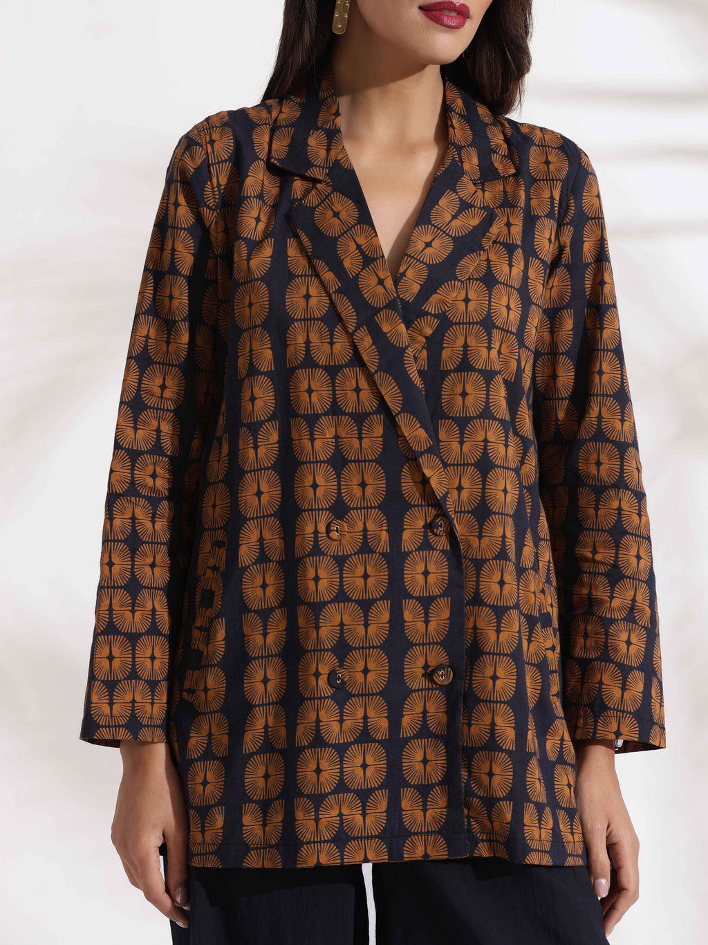trueBrowns Black Cotton Print Jacket Top Co-ord Set | Grocsy