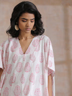 trueBrowns Pink Big Buta On White Print Cotton Panel Kaftan Kurta Pant Set | Grocsy