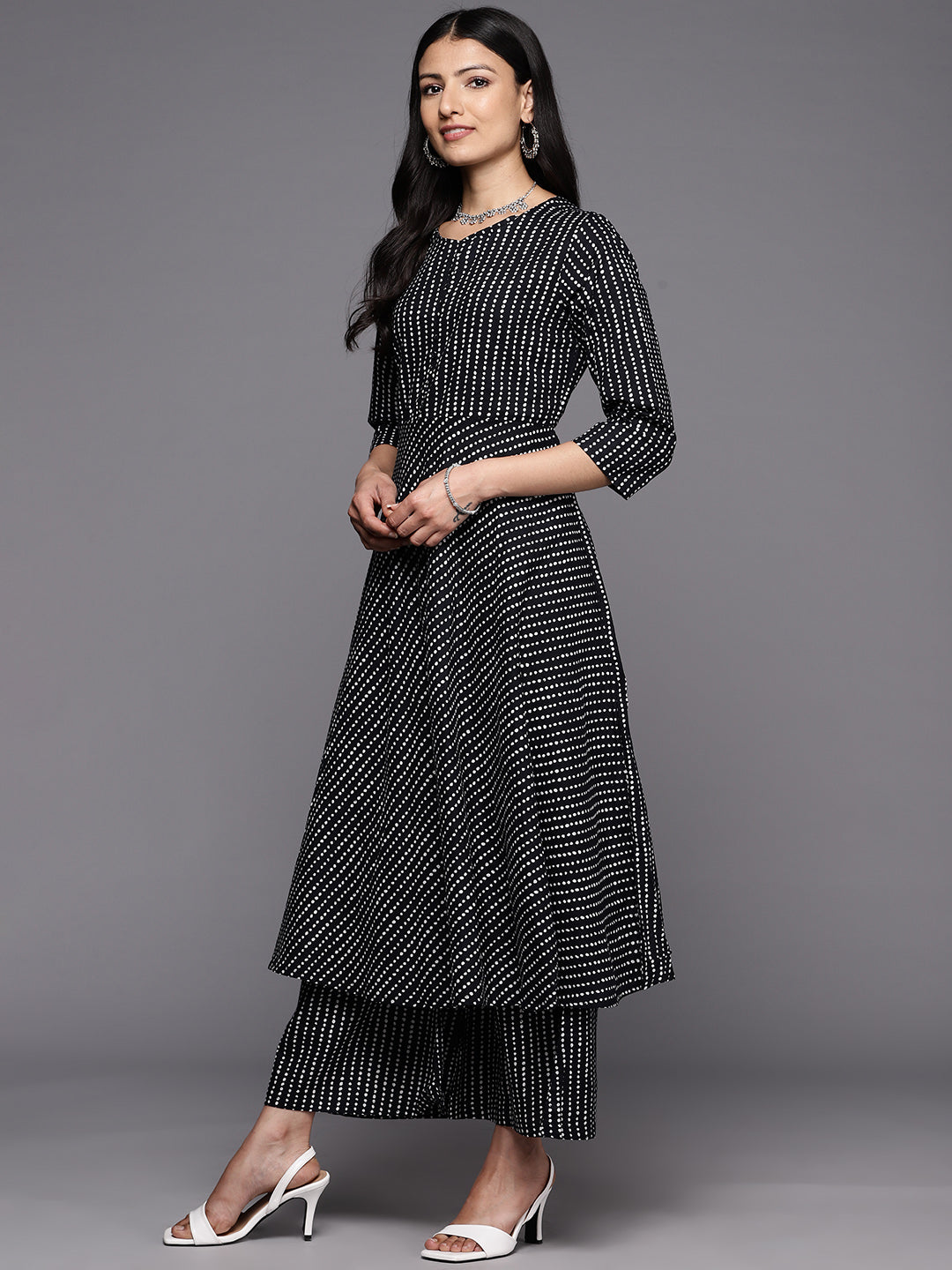 KSUT (House of Varanga) Black And White Cotton Printed Anarkali Kurta Paired With Palazzo And Chiffon Dupatta | Grocsy